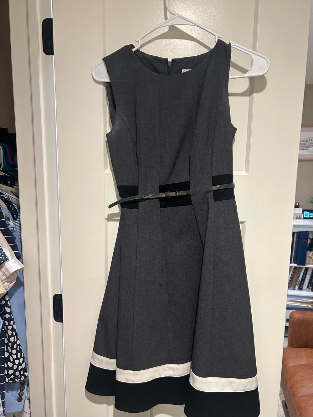 Calvin Klein Gray Sleeveless Fit-and-Flare Dress with Black and Ivory Trim